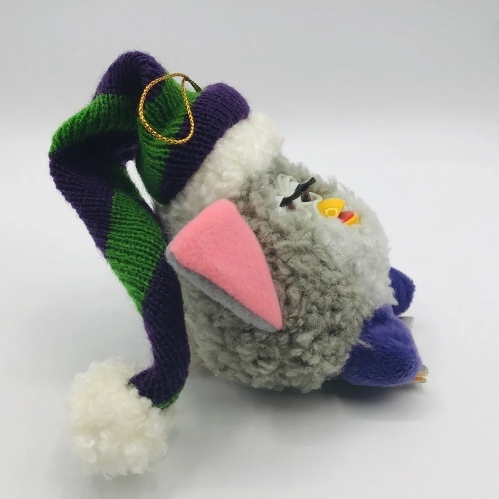 Vtg Furby Christmas Ornament Plush Stuffed Gray Santa Hat Xmas Ice Skates 4”